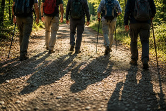 Fünf Männer mit Rucksäcken und Wanderstöcken sind auf einem sonnigen Waldweg unterwegs. Die langen Schatten auf dem Weg unterstreichen das gemeinsame Unterwegssein und laden dazu ein, sich auf den Weg zu machen.